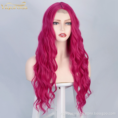 Vigorous Lace High Quality Synthetic Long Wavy red Full Wig front for Women Cosplay Heat Resistant Fiber Curly Colorful Wig